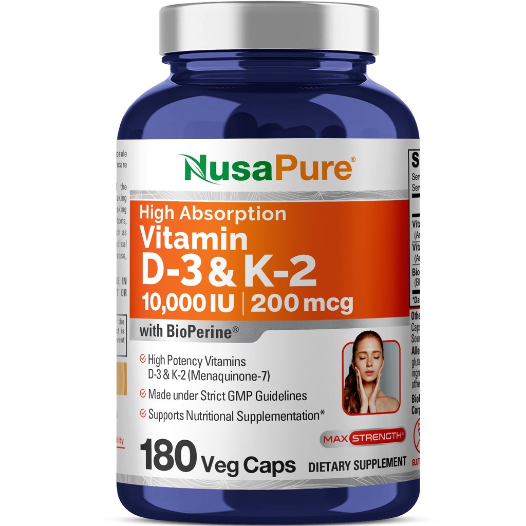 NusaPure Vitamin K2 (MK7) (200mcg) + Vitamin D3 (10000 IU) 180 Veg Caps - Bioperine, Sojafrei, Non-GMO