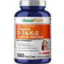 NusaPure Vitamin K2 (MK7) (200mcg) + Vitamin D3 (10000 IU) 180 Veg Caps - Bioperine, Sojafrei, Non-GMO