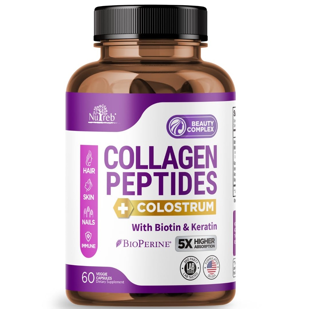 Collagen Peptide für Frauen mit Kolostrum, Biotin und Keratin - Typ I, II, III, V, X - 5X Höhere Absorption - Haarhaut und Nägel Vitamine - Kollagen für Frauen - Collagen Pillen - 60 Kapseln