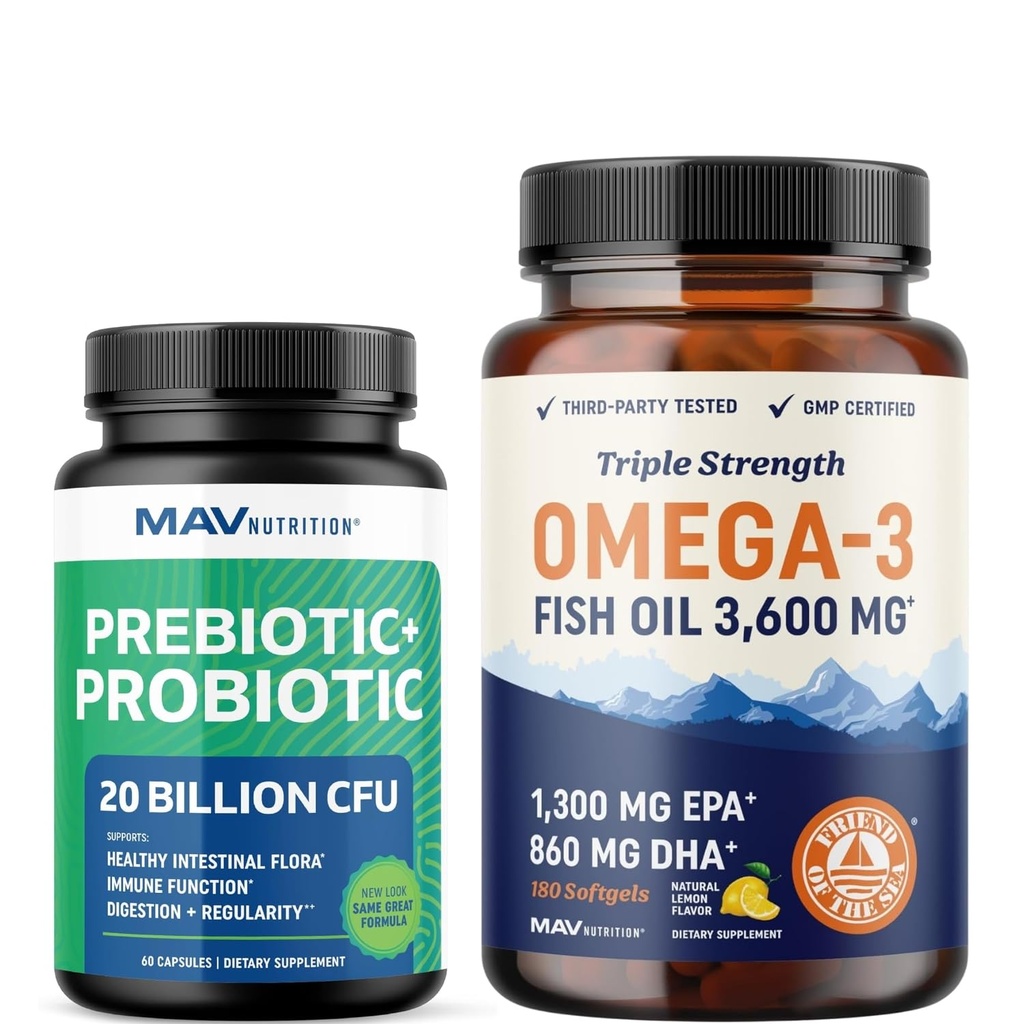 Omega 3 Huile de poisson et Capsules Probiotiques de Triple Strength EPA & DHA Omega 3 Softgels sans Burpless Plus Capsules Probiotiques et Prébiotiques pour Gut Health & Immune Support