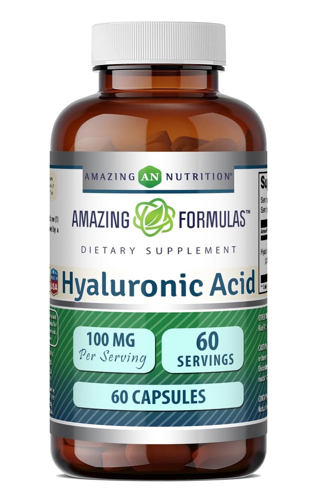 Formules étonnantes Acide hyaluronique Supplément 100 Mg de capsules sans OGM Fabriqué aux États-Unis (1 Pack, 60 Compte)
