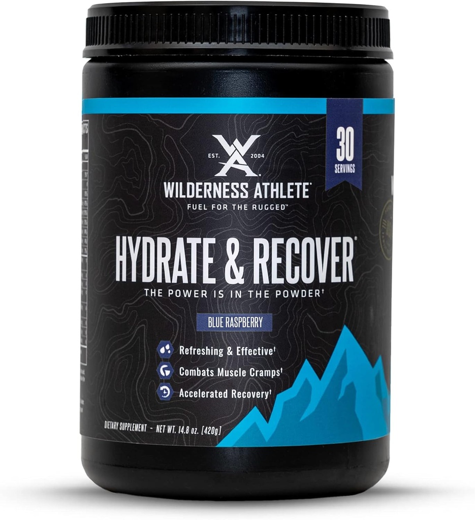 Wilderness Athlete - Hydrate & Recover | Flüssige Hydration Pulver Elektrolyt Getränke Mix - Recover Faster mit Bcaas - Hydrate Pulver mit 1000mg Vitamin C - 30 Servierwanne (Blauer Himbeer)