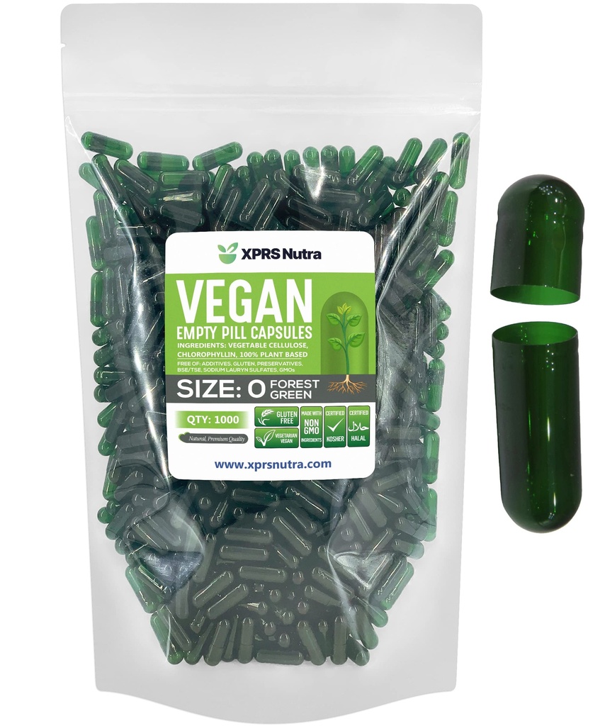 XPRS Nutra Größe 0 Leere Kapseln - 1000 Graf Leere Vegan Kapseln - Vegetarische Pillen für DIY Gemüse Kapsel Füllung - Veggie Pillen Caps (Forest Green)