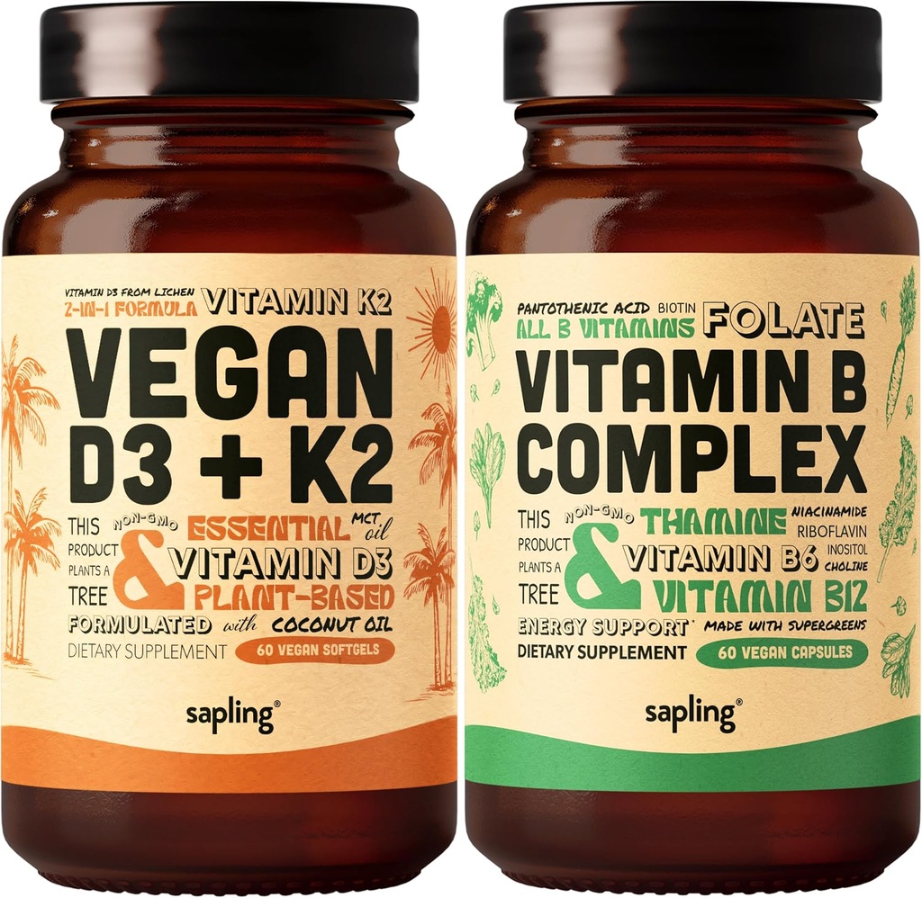 sapling Vegan Vitamin D3 + K2 & Vitamin B Complex Bundle - 4000 IU Vitamin D3 und 100mcg Vitamin K2 als Mk7, Essential B Vitamine mit ganzer Nahrungsmischung, B1, B2, B3, B5, B6, B7, Folate