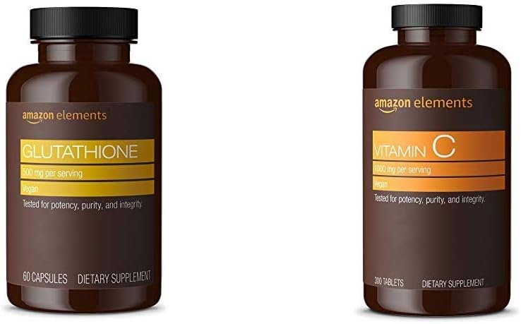 Elemente Glutathion, 500mg, 60 Kapseln, 2 Monate Versorgung & Vitamin C 1000mg, Vegan, 300 Tabletten, 10 Monate Versorgung