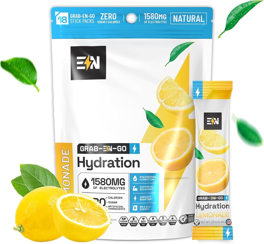 Zuckerfreie Elektrolyt-Pulverpackungen - Lemonade Flavor - Keto Hydration Packets w/Magnesium, Kalium & Natrium - Zero Calorie, Vegan, Non-GMO, Glutenfrei - 18 Single Servings