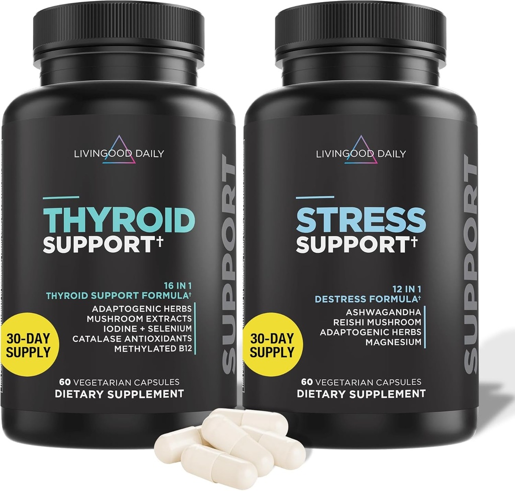 Livingood Daily Thyroid Support Bundle - Komplette Schilddrüse Ergänzung Plus Adrenal und Cortisol Unterstützung