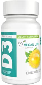 Vegan Life Nutrition - Vitamin D3 Tägliche Kapseln für Erwachsene (1000 IU) - Glutenfrei, Non-GMO, unterstützt Knochengesundheit und Immunsystem - 60 Kapseln