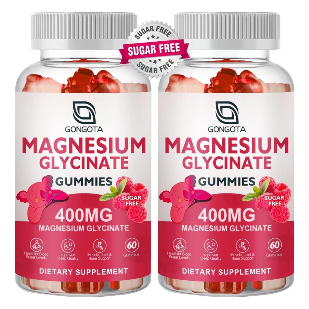 Magnésium Glycinat Gommies 400 mg avec 100 mg de magnésium composite - Supplément de potassium de magnésium chélaté avec vitamine D, B6 soutient calme, sommeil, mémoire et crampes musculaires, sans sucre - 120 gommies