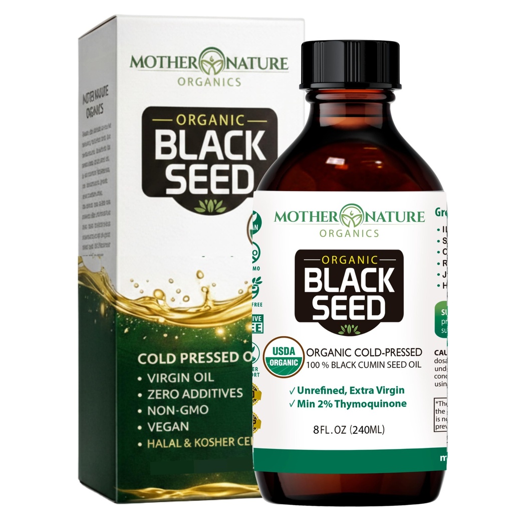 Mutter Natur USDA Organic Black Seed Oil, High TQ 2%, Kalt Pressed, Unrefined Nigella Sativa, Omega 3 6 9 für Immun, Gelenk & Herz-Unterstützung, Haar & Haut, Non-GMO, Glasflasche (8oz)