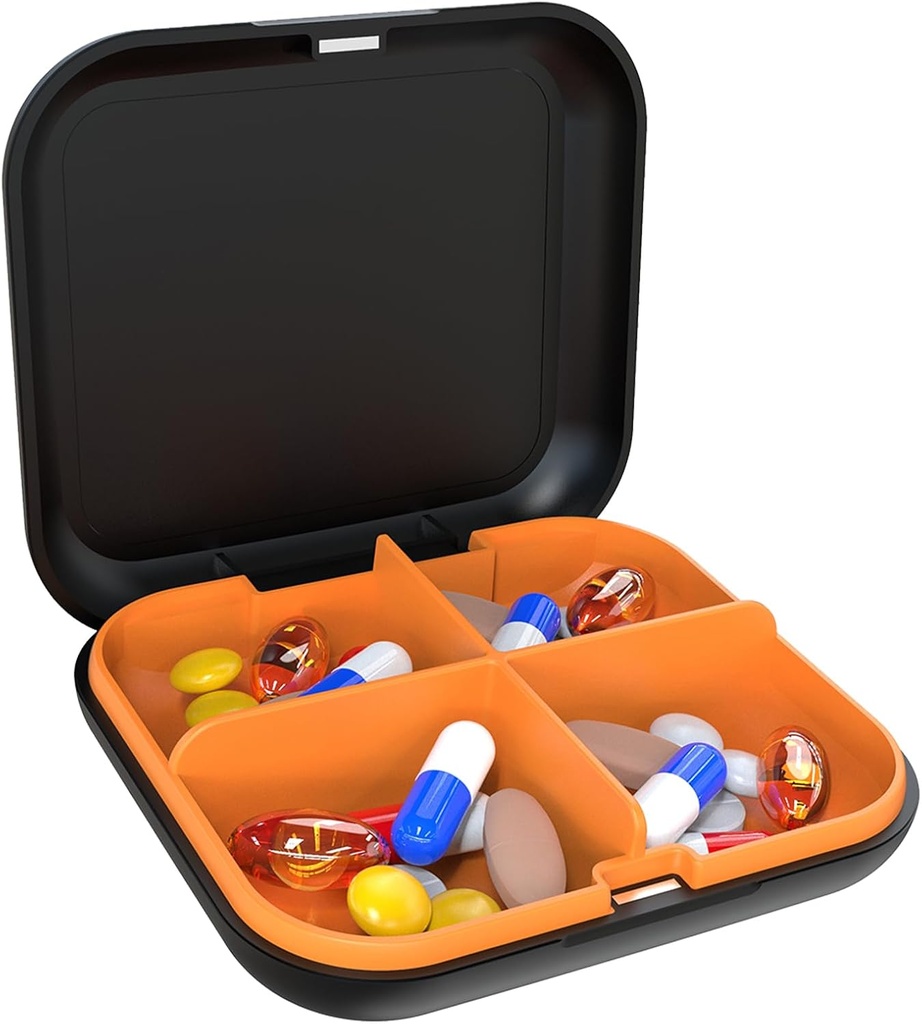 Pill Box Portable Pill Dispensing Box, Travel Portable Pill Box, 4-Compartment Daily Portable Pill Organizer, Suitable for Vitamins, Medicines, Fish Oil (Black+Orange)