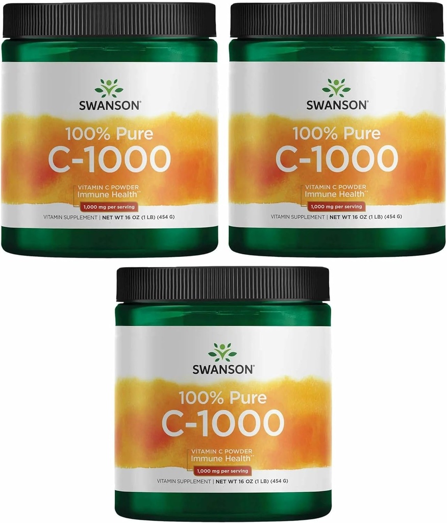 Swanson Vitamin C Pulver 100% reine Ascorbinsäure, Immunsystemunterstützung, Hautgesundheit, Herz-Kreislauf-Gesundheit, Antioxidans-Ergänzung 1000 mg (pro Servierung) 1 lb. 454 g (3 Pack)