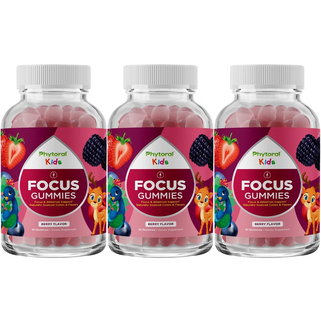 Vegan Kids Focus Gummies - Potent Chewable Brain Support for Children - Enhances Concentration & Memory - Calming Supplements & Focus Gummies for Kids - Non-GMO & Gluten-Free - 60 Count - 3 Pack
