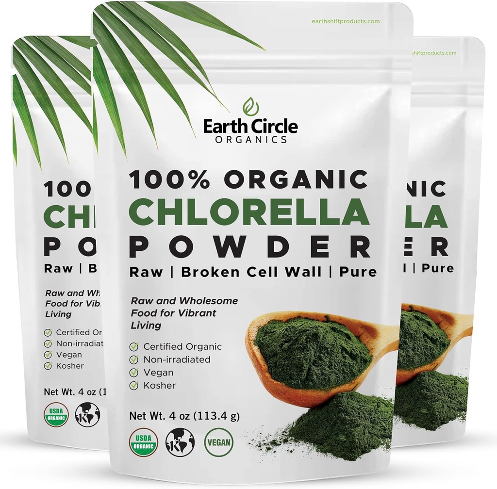 Cercle de Terre Organiques Poudre de Chlorelle Biologique Superalimentaire de Kosher de Kosher de Chlorophylle de Mur de Cellule Broquée, Vegan, Algae Super Verte, Chlorelle Propre, Forte en Protéines, Fibre & Amino Acides - 4oz (3 Pack)