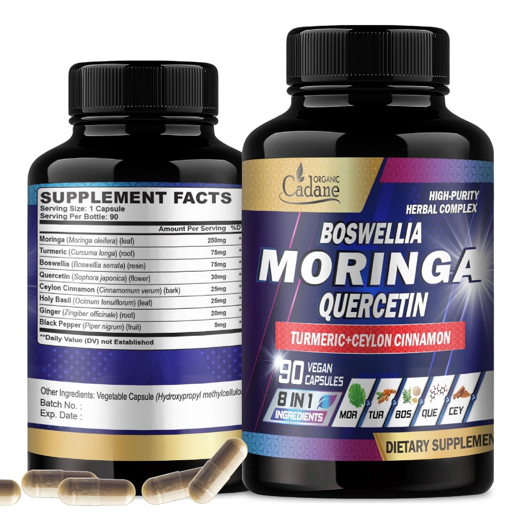Bio Cadane Moringa Blatt mit Kurkuma, Boswellia, Quercetin, Ceylon Cinnamon, Holy Basil, Ginger und Black Pepper - 8in1 Beilagen - 90 Veggie Kapseln für 3-Monats-Versorgung