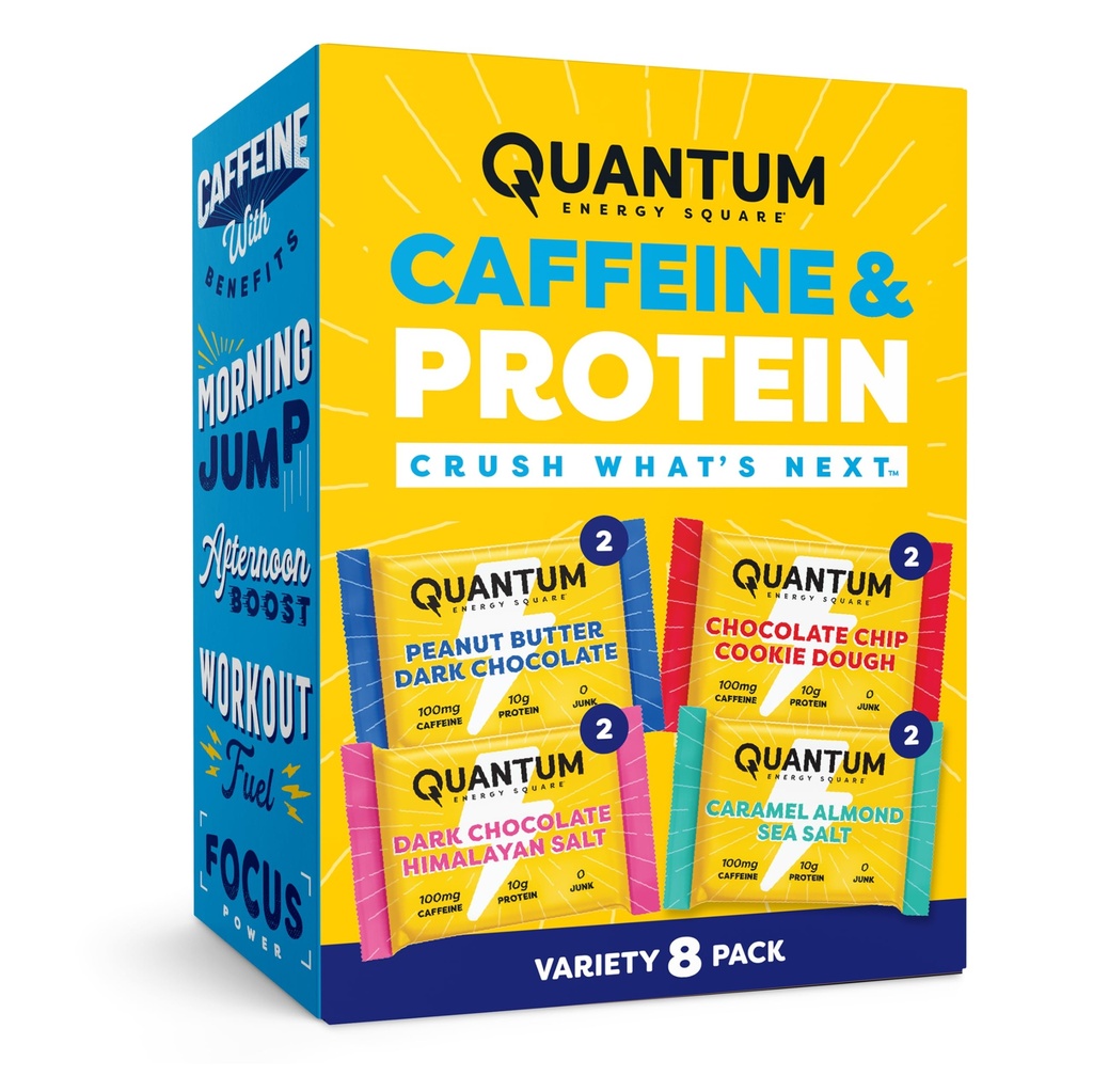 Quantum Energy Square: Energy Bar mit Koffein & 10g Protein. Köstliche gesünde Snack on The Go. (Vegan, Glutenfrei, Sojafrei, Dairyfrei) (Variety 8-Pack)
