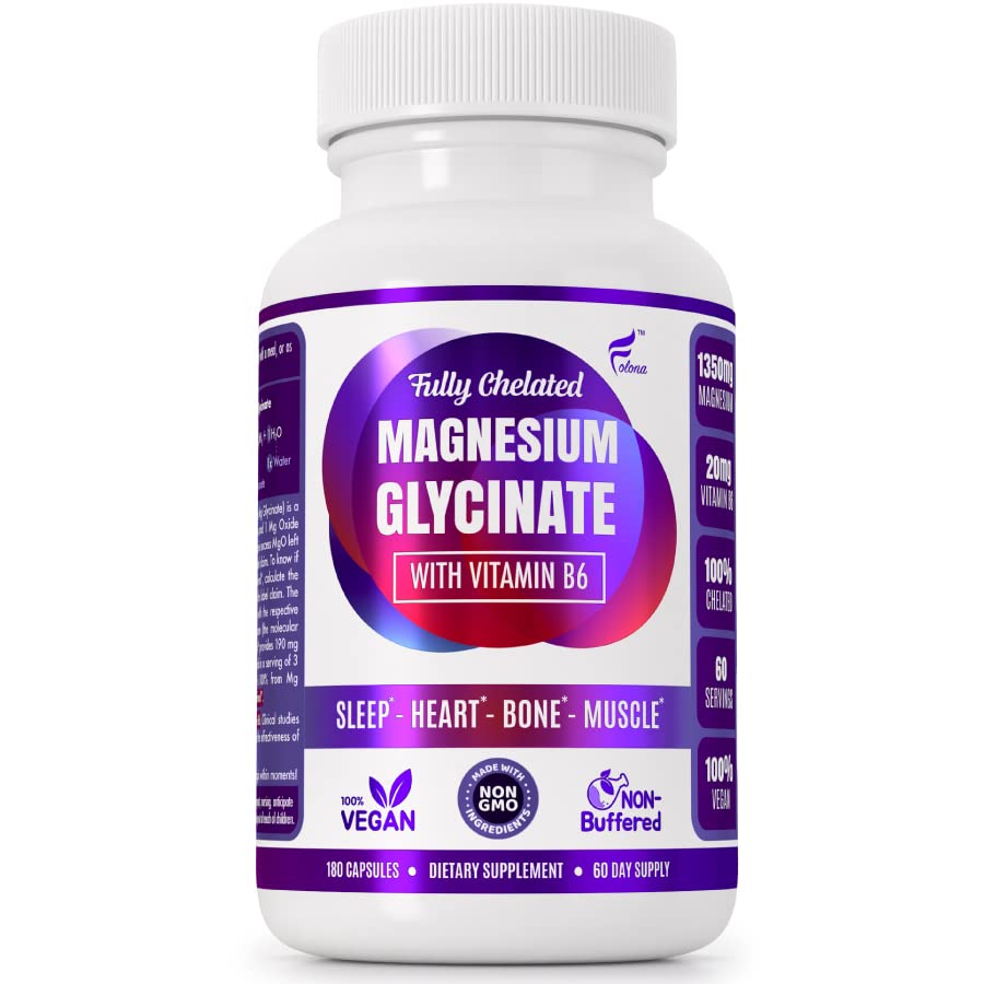 Magnesium Glycinat mit Vitamin B6 Forschung bewährt, um die Absorption zu verbessern, 1350mg Voll Chelat - Unterstützt Schlaf, Stress Relief, Energie, Muskelkrämpfe - Glutenfrei, NonGMO, 180 Vegan Kapseln