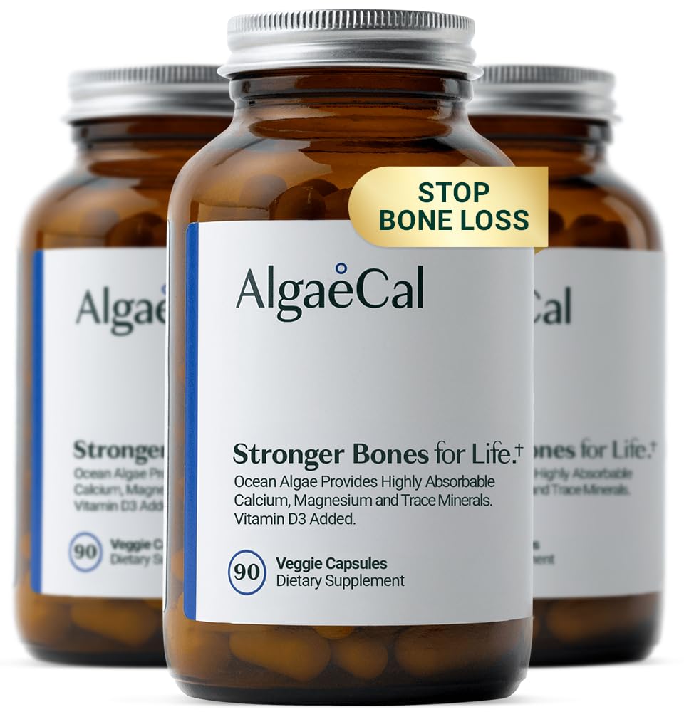 ALGAECAL - Supplément de calcium à base végétale avec vitamine D3 (1000 UI) pour la résistance aux os, contient 13 minéraux pour la santé des os, calcium organique (750 mg) pour les femmes et les hommes, 90 capsules, 3 mois d'approvisionnement