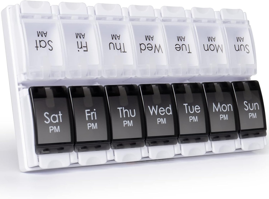 MERICARGO Am Pm Pill Organisateur 7 jours, 2 fois par jour Grand hebdomadaire Pill Box, Push Button Daily Pill Case pour la vitamine, huile de poisson, suppléments