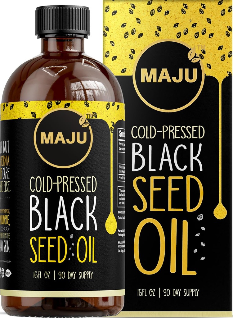 MAJU's Black Seed Oil 16oz: 3X Thymochinon, kalt gepresst, 100% Türkisch Schwarz Cumin Nigella Sativa Samenöl (Better Than Organic), Non-GMO, 100% Liquid Pure Blackseed Oil, Glasflasche