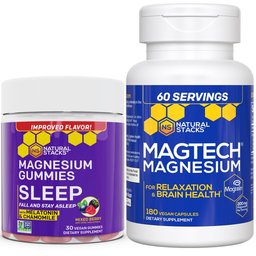 Natural Stacks Magtech Magnesium + Sleep Magnesium Citrate Gummis Bundle - 4 Formen von Magnesium - unterstützt Entspannung und Gehirngesundheit* - 210 Stück