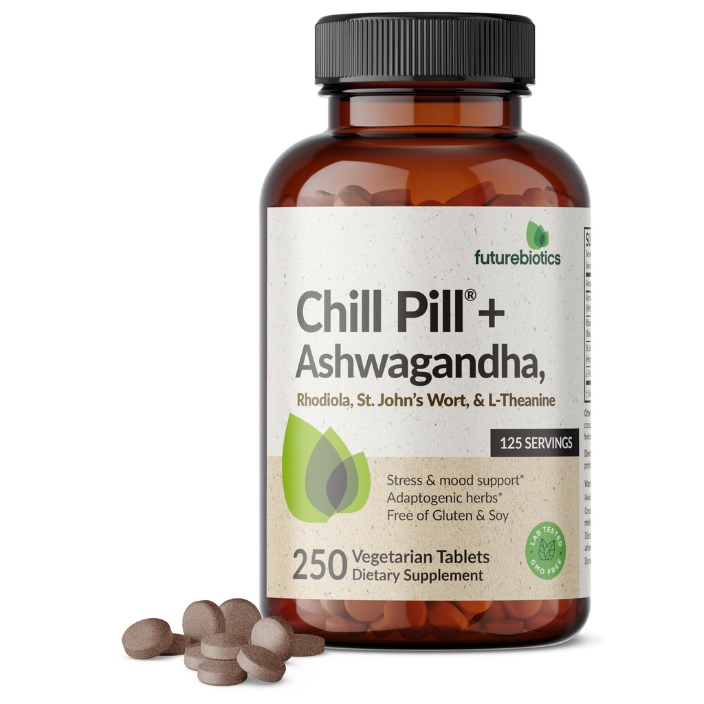 Futurebiotics Chill Pille + Ashwagandha, Rhodiola, St. John’s Wort, & L-Theanine - Non-GMO, 250 Vegetarische Tabletten