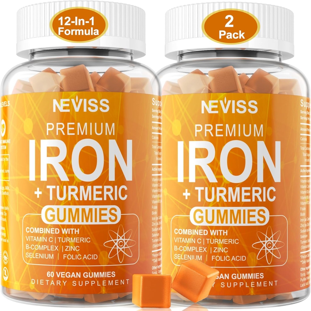 Gommies de fer + 600 mg de curcuma pour femmes hommes, supplément de fer avec multivitamines C, A, B-Complex, Folate, zinc pour carence en fer, anémie et énergie, doux, non constipant, à mâcher, végétalien, 2 pack