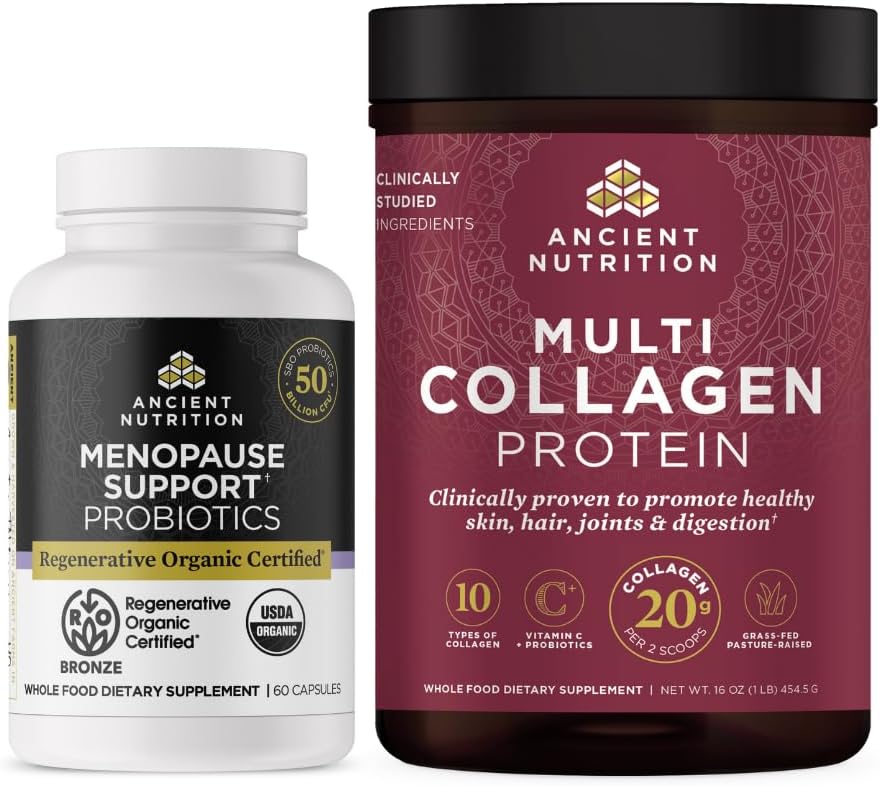 Ancient Nutrition Probiotiques certifiés biologiques régénératifs pour la ménopause, 60 Nombre + poudre protéique multicollagène non aromatisée, 45 portions