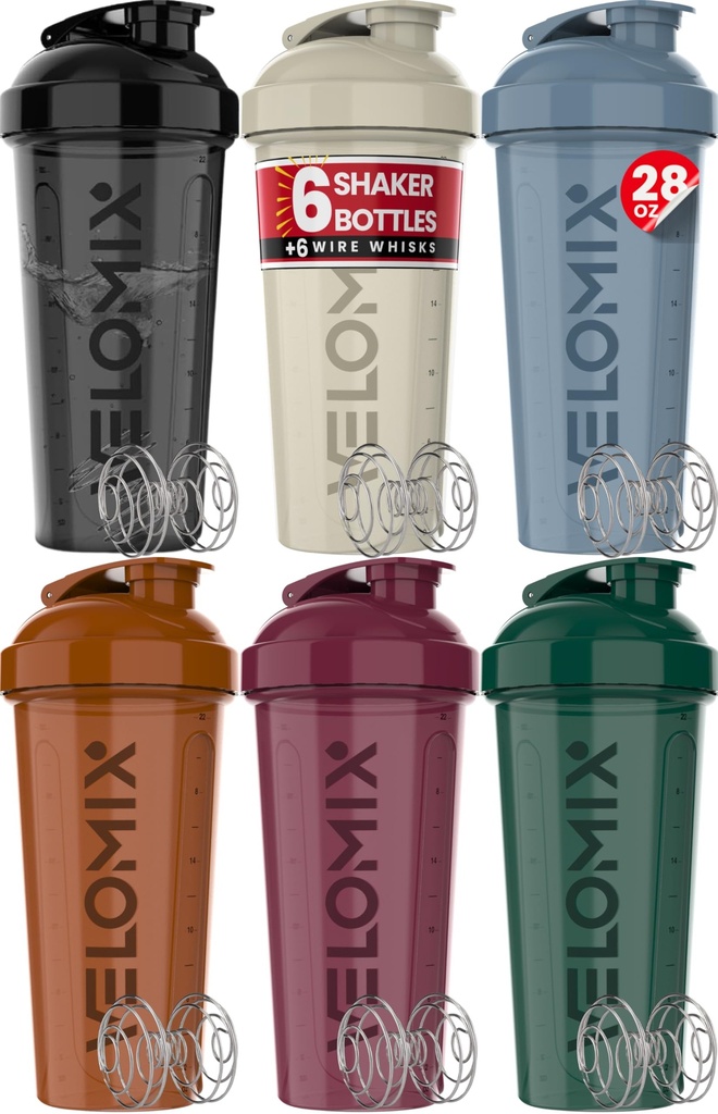 VÉLOMIX -6 PACK- 28 oz Bouteille de shaker protéinique pour mélanges de protéines - 6x Whisk filaire