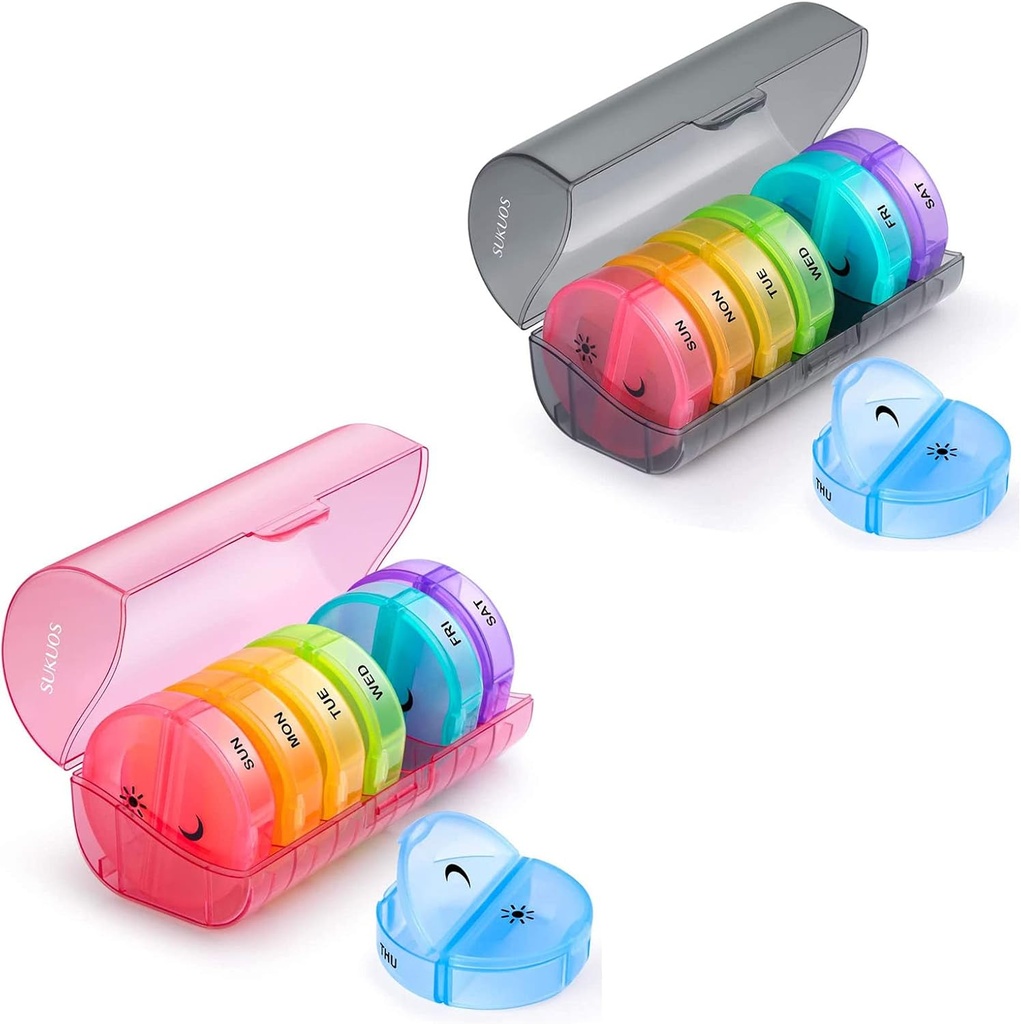 2 Pack Weekly Pill Organizer 7 jours 2 fois par jour, Sukuos grandes boîtes de pilules quotidiennes pour pilules/vitamine/huile de poisson/compléments, BPA sans pilules, facile à nettoyer