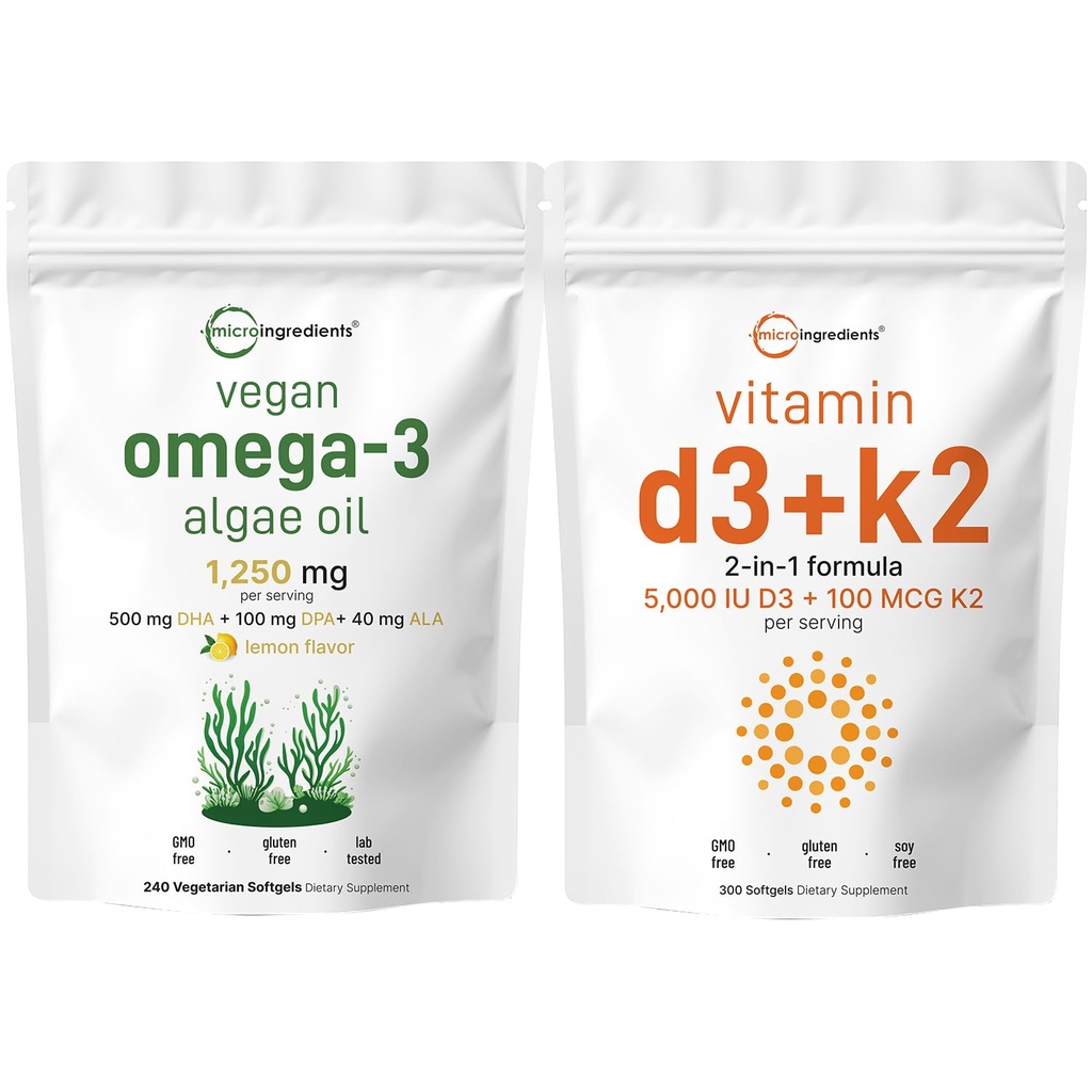 Micro Ingredients Vitamin D3 5.000iu + K2 100mcg Softgels & Vegan Omega 3 Algen Ölergänzung Bundle 2 Pack | Essential Sunshine Vitamine | Omega-3 Full Spectrum Alternative zu Fischöl