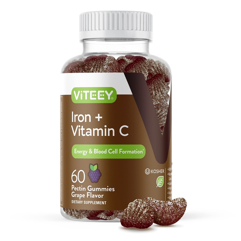 Viteey Iron Gummies - Eisen mit Vitamin C - Energie, Bood Support und Anemia Supplement für Damen und Herren - Vegan, Glutenfrei - 60 Count