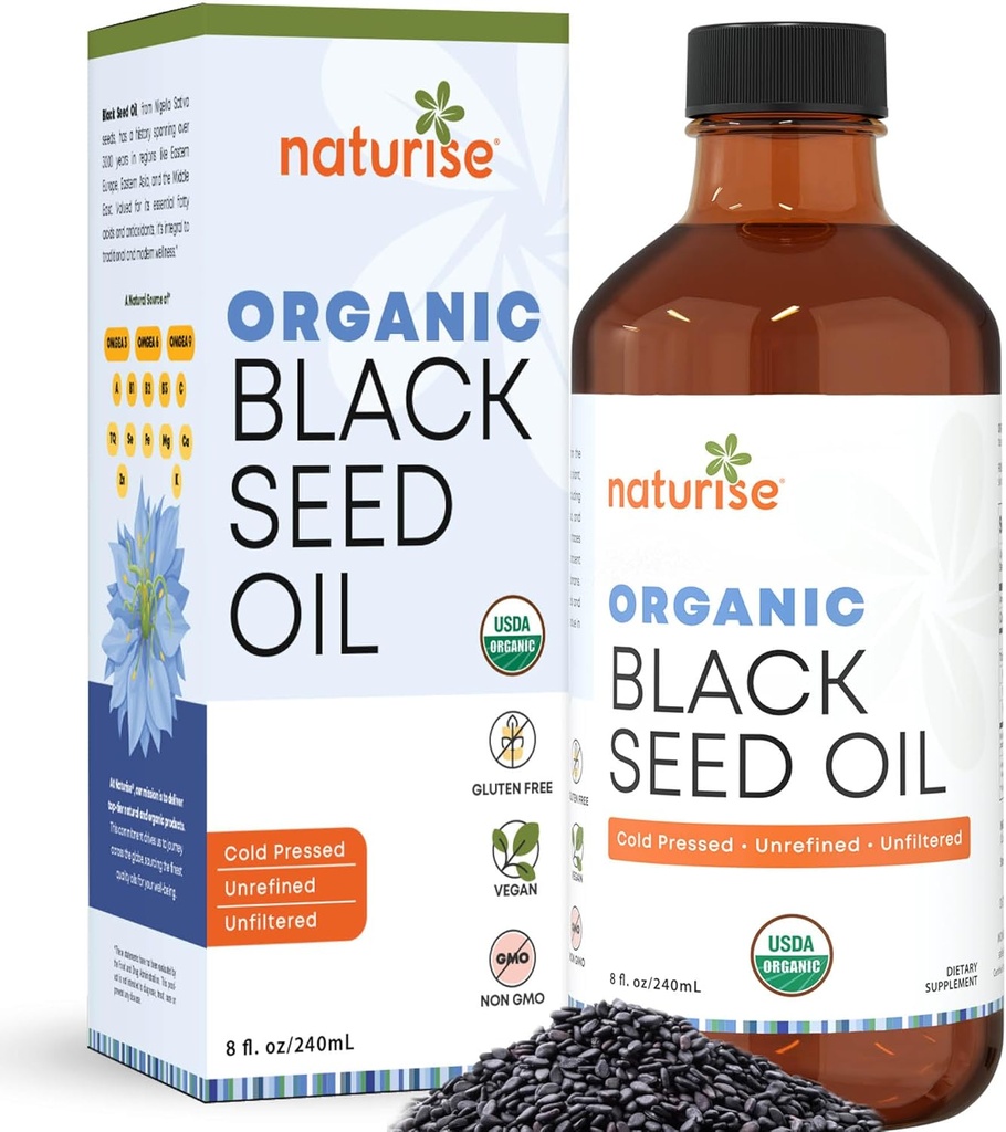 Bio Black Seed Oil (Nigella Sativa, Cumin Seed) Kalt Pressed Non-GMO, 8 Unzen Glasflasche Quelle essentielle Fettsäuren, Omega 3 6 9'