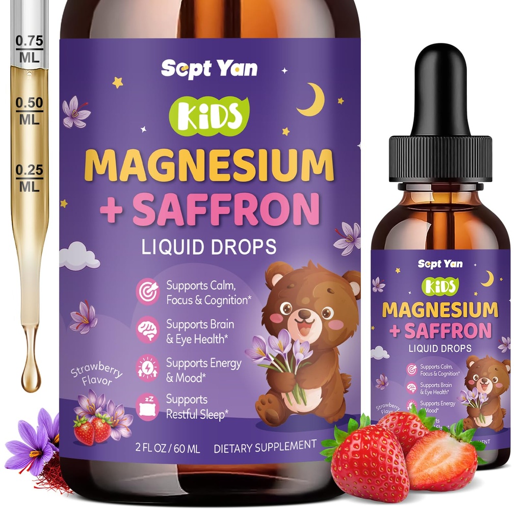 Glycinat de magnésium gouttes liquides, 1000mg Glycinat de magnésium, Citrate et Thréonate avec fibre de cellulose, L-Theanine, Vitamine B & C pour le sommeil, le muscle, l'énergie et la relaxation, sans sucre citron parfum