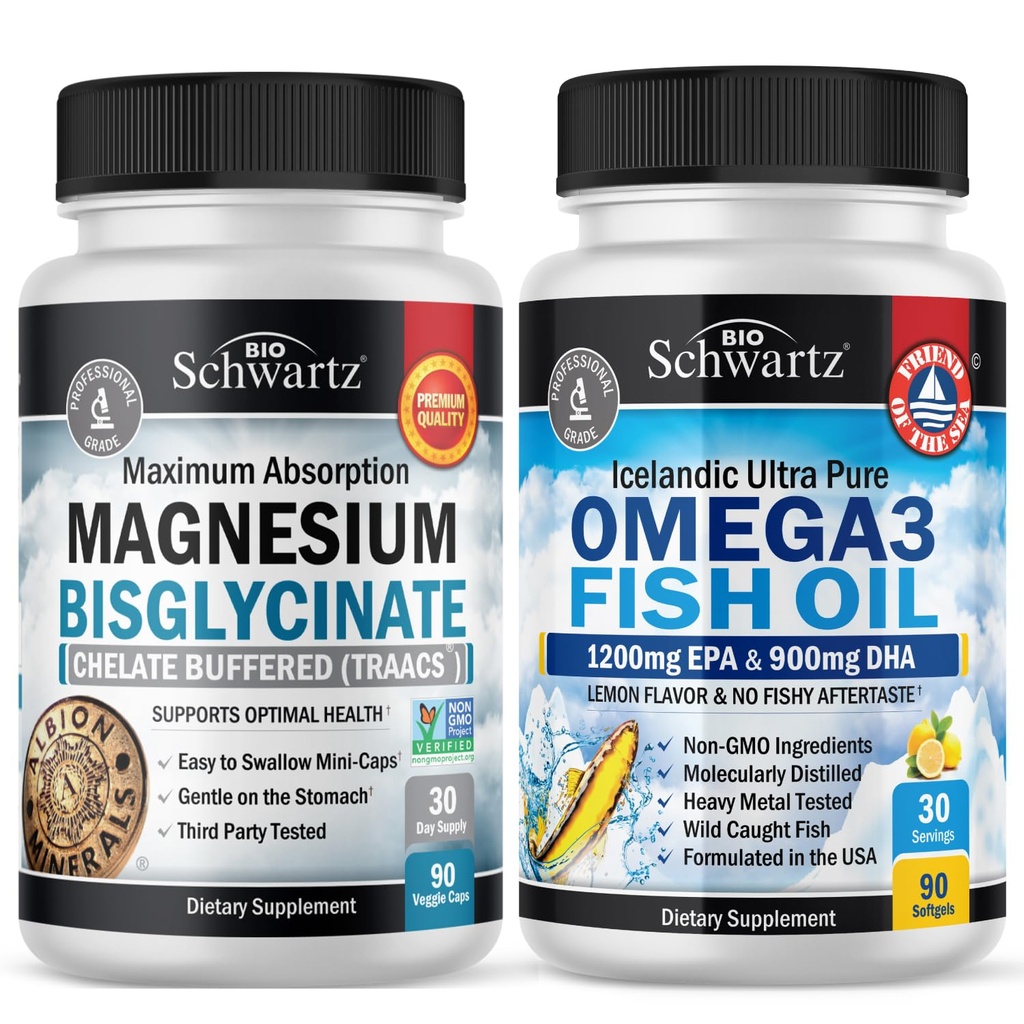 Magnesium Bisglycinat 180 Count + Omega 3 Fischöl 90 Count Bundle