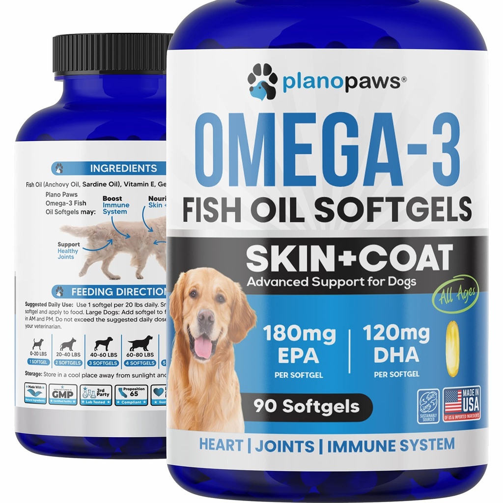 Omega 3 Fischöl für Hunde - Lachsöl für Hunde - Hunde Fish Oil Supplement Kann helfen Shedding, Allergy, Itch Relief - Unterstützt trockene Haut, Gelenke - Hunde Skin und Mantel Supplement - 90 Fischöl Pillen EPA DHA