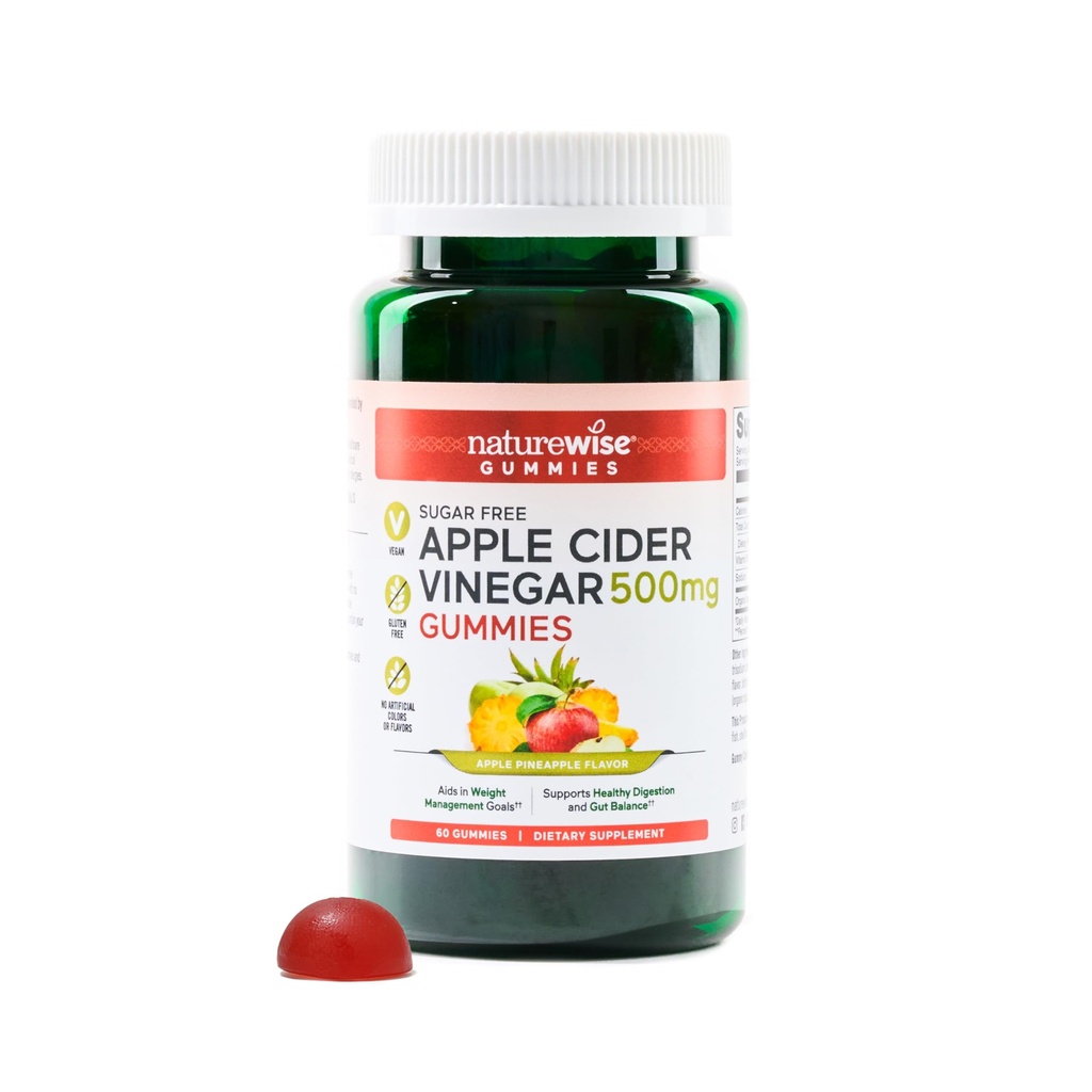 NatureWise vinaigre de cidre de pomme Gommies de kéto - 1000mg de vinaigre de cidre de pomme par 2, sans sucre, végétalien - énergie et santé de la gueule - Gommies de vinaigre de cidre de pomme W/vitamine B12-60 Gommies[1-Mois d'approvisionnement pour 1000mg / 2-Mois d'approvisionnement pour 500mg]