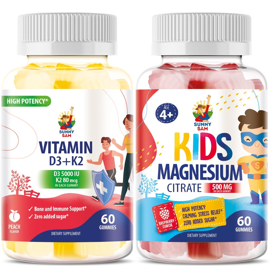 Magnesiumgummis für Kinder & Vitamin D3 K2 Gummie 5000 IU - Immun- & Knochen-Unterstützung - Sugar-Free Vitamin D Gummy Supplement - High-Absorption, Vegan, Glutenfreie Gummi für Erwachsene