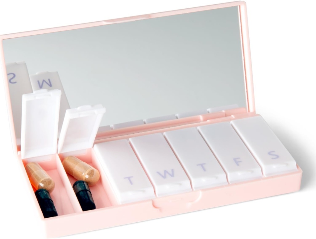 PORT X POLISH Designer Weekly Pill Box Organizer (Single 1X Daily, Blush Pink) | Compact, Stylish 7-Day Vitamin Supplement Case | Cut Portable Mini Travel Medicine Carrier | BPA-Free Pillbox Caddy