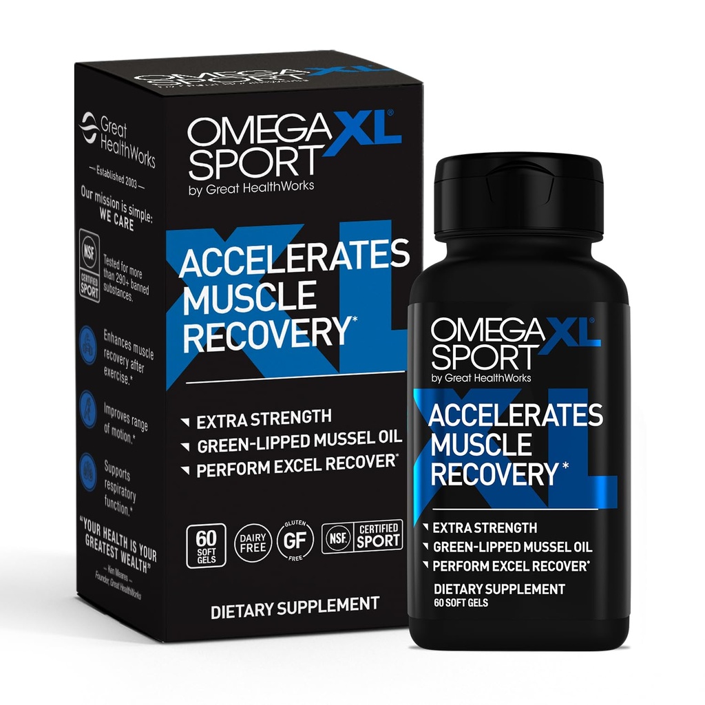 OmegaXL Sport Extra Strength Muskel Erholung Ergänzung und Atmungsunterstützung Ergänzung - verbessert DOMS und ROM, Klinisch unterstützt Green-Lipped Mussel Öl (60 Softgels)