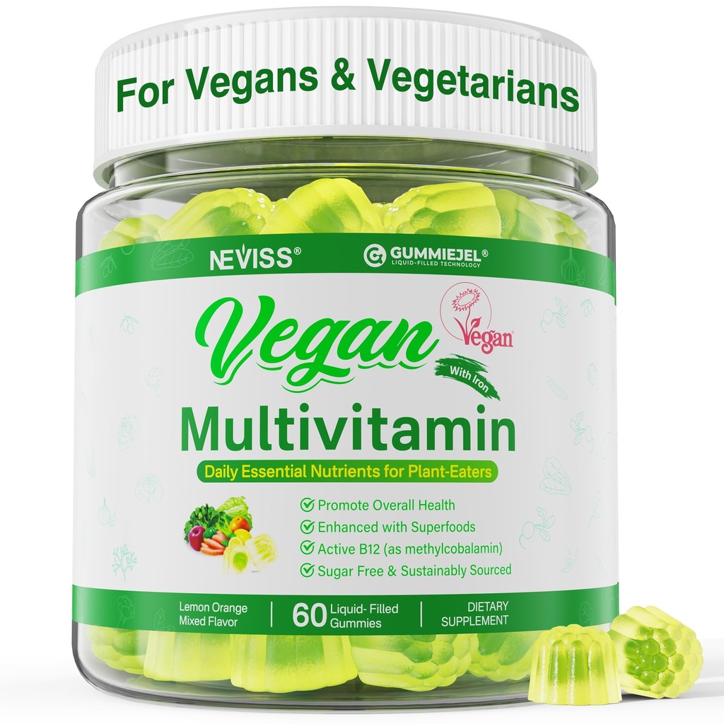 NEVISS Multivitamine végane pour les femmes et les hommes avec/méthyl B12, D3 K2, Oméga 3 à base végétale (DHA+EPA), Fer, Choline, zinc, aliments entiers Vitamines quotidiennes Gummies pour les végétaliens et les végétariens, sans sucre, 60Cts