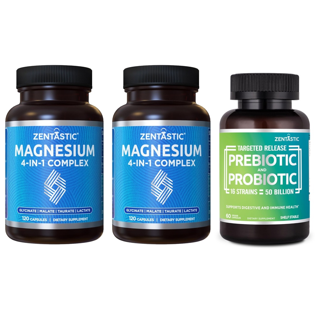 Zentastic 2 Pack 4-in-1 Magnesium Complex - Chelat Magnesium Glycinat, Malate, Taurate & Lactate & 1 Pack Probiotics & Prebiotics Supplement