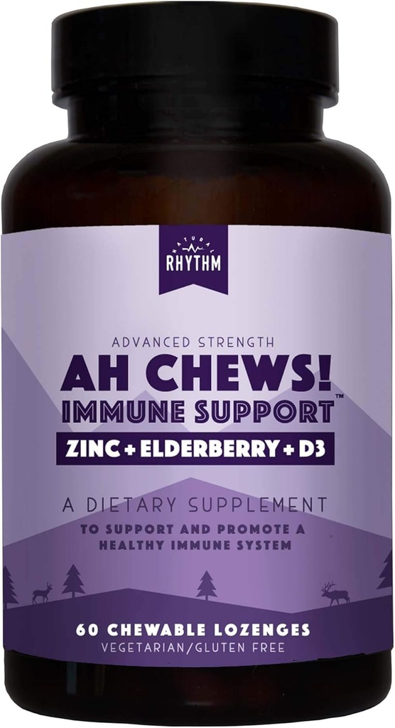 Natürliche Rhythm Ah Chews! Immun Booster Lozenges für Kinder und Erwachsene, kein hinzugefügter Zucker, mit Elderberry, Zink & Vitamin D3, 60 Kapseln