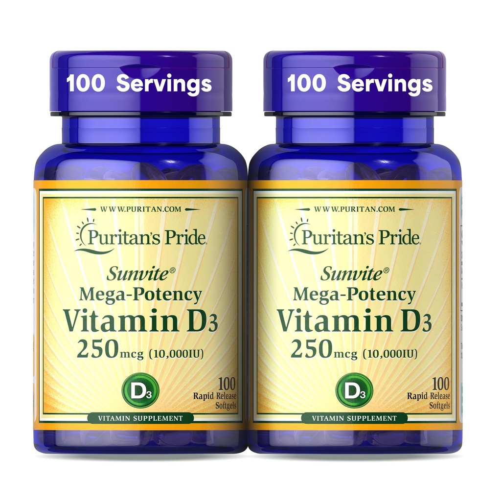 Puritan's Pride Premium SunviteTM Mega-Potency Vitamin D3 10.000 IU, Nahrungsergänzungsmittel für gesunde Knochen, Zähne und Immunsystem Unterstützung, 100 Rapid Release Softgels