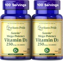 Puritan's Pride Premium SunviteTM Mega-Potency Vitamine D3 10 000 UI, supplément alimentaire pour les os sains, les dents et le système immunitaire, 100 softgels à libération rapide
