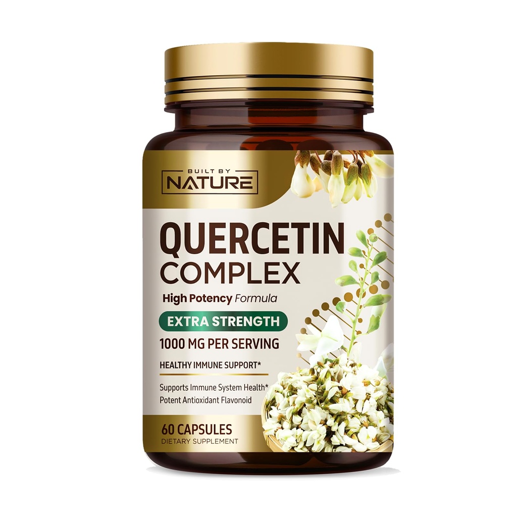 Construit par Nature Quercetin 1000mg – Haute puissance Quercetin Dihydrate de Flavonoïde Antioxydant – Immune, Respirant et Allergy Support - Non-OGM, sans gluten - 60 Capsules de Veggie