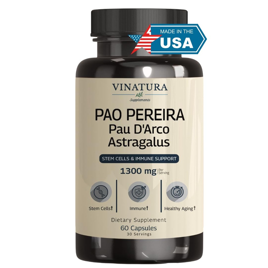 VINATURA Pao Pereira + PAU D'Arco, Astragalus - 1300MG Serving, USA Made & Tested, Stammzellen und Immununterstützung, 60 Kapseln
