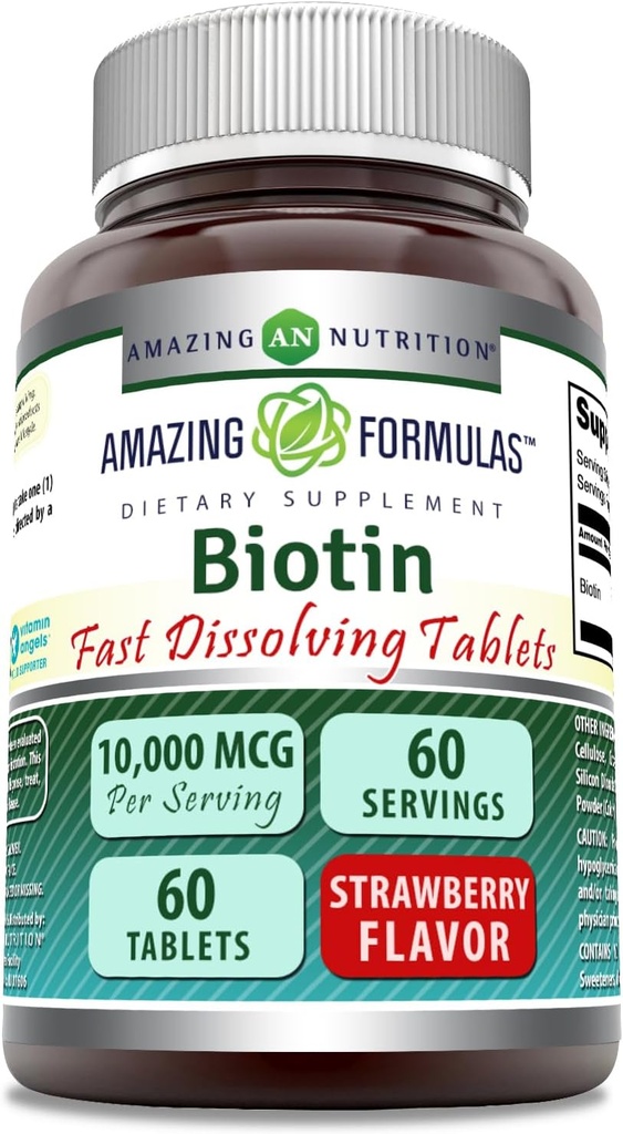 Erstaunliche Formeln Biotin 10.000 mcg | Fast Dissolve Tabletten | Non-GMO | Gluten Free Supplement | Made in USA (Strawberry | 60 Count)
