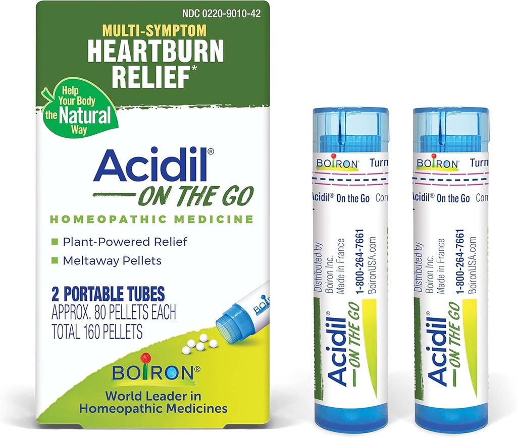 Boiron Acidil On The Go Travel Essential for Relief of Acid Reflux, Heartburn, Indigestion, Bloating und Upset Stomach - 2 Count (160 Pellets)