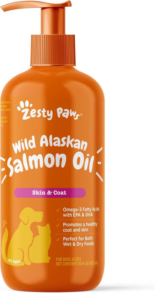 Zesty Paws Wild Alaskan Lachsöl für Hunde und Katzen- Haut und Mantel Unterstützung, Omega 3 Ergänzung für Haustiere, 16oz, Pump Top
